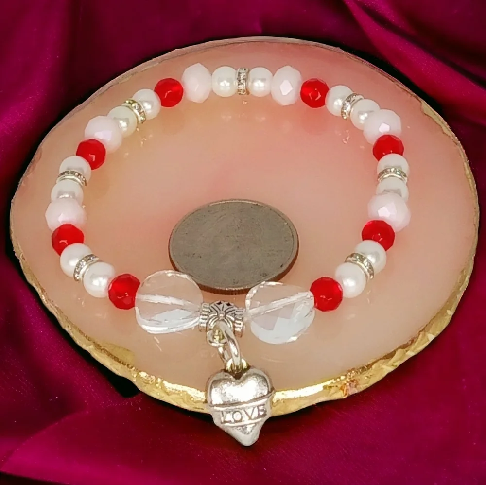 Pearl & Red Gem Sparkly Heart Charm Bracelet Lovecore Romantic Messy Coquette